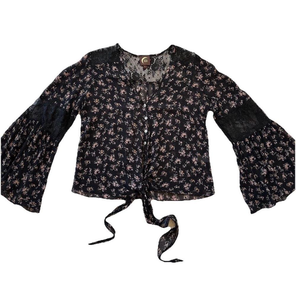 Whimsigoth Blu Moon Black Floral Lace Blouse Crop Tie Waist Bell Sleeve-S-Boho
